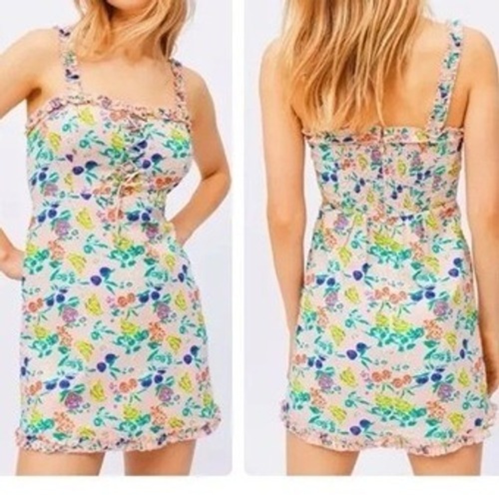 Urban Outfitters Mini Summer Dress Pink Fruit Print Smocked Lace Up Ruffle S
